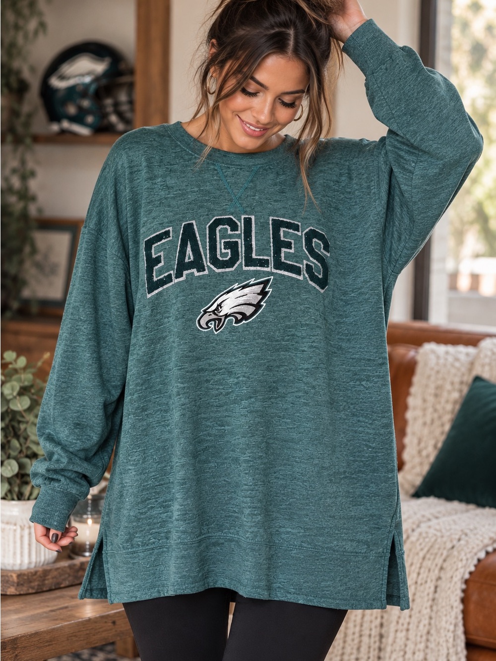 Eagles Women's Relaxed Crewneck Pullover - Dark Green